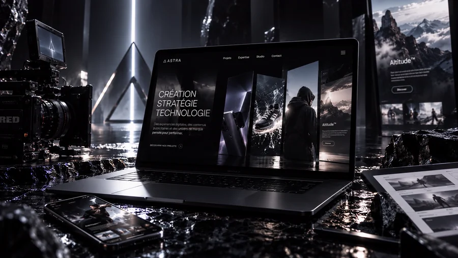 Ordinateur portable affichant un site ASTRA, entre une caméra et un téléphone