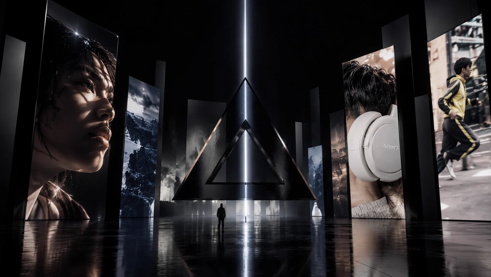 Des écrans monolithes autour d’un triangle lumineux, dans une salle sombre